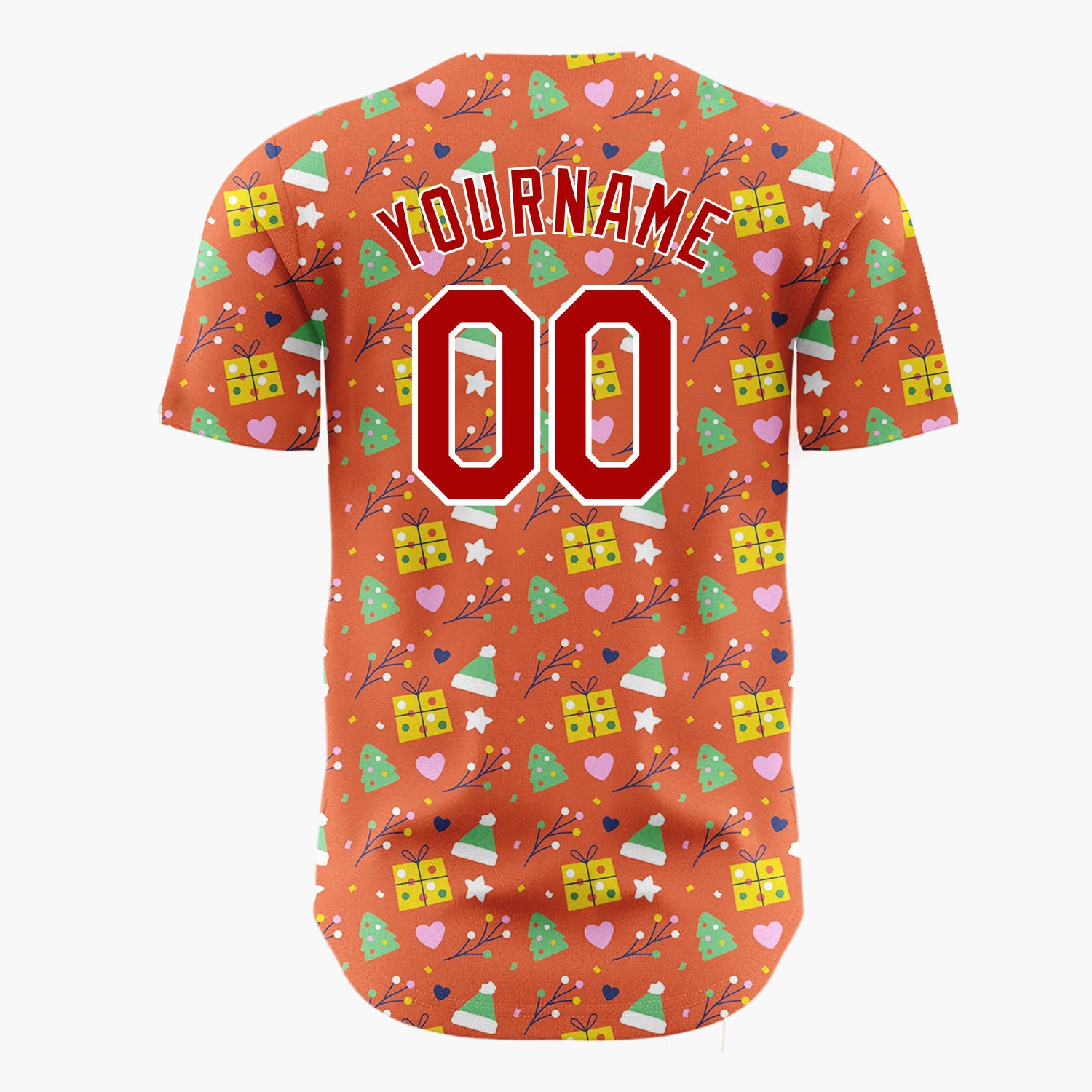 Custom Red Green Yellow Gifts Trees And Hearts Playful Abstract Pattern Christmas Baseball Jersey