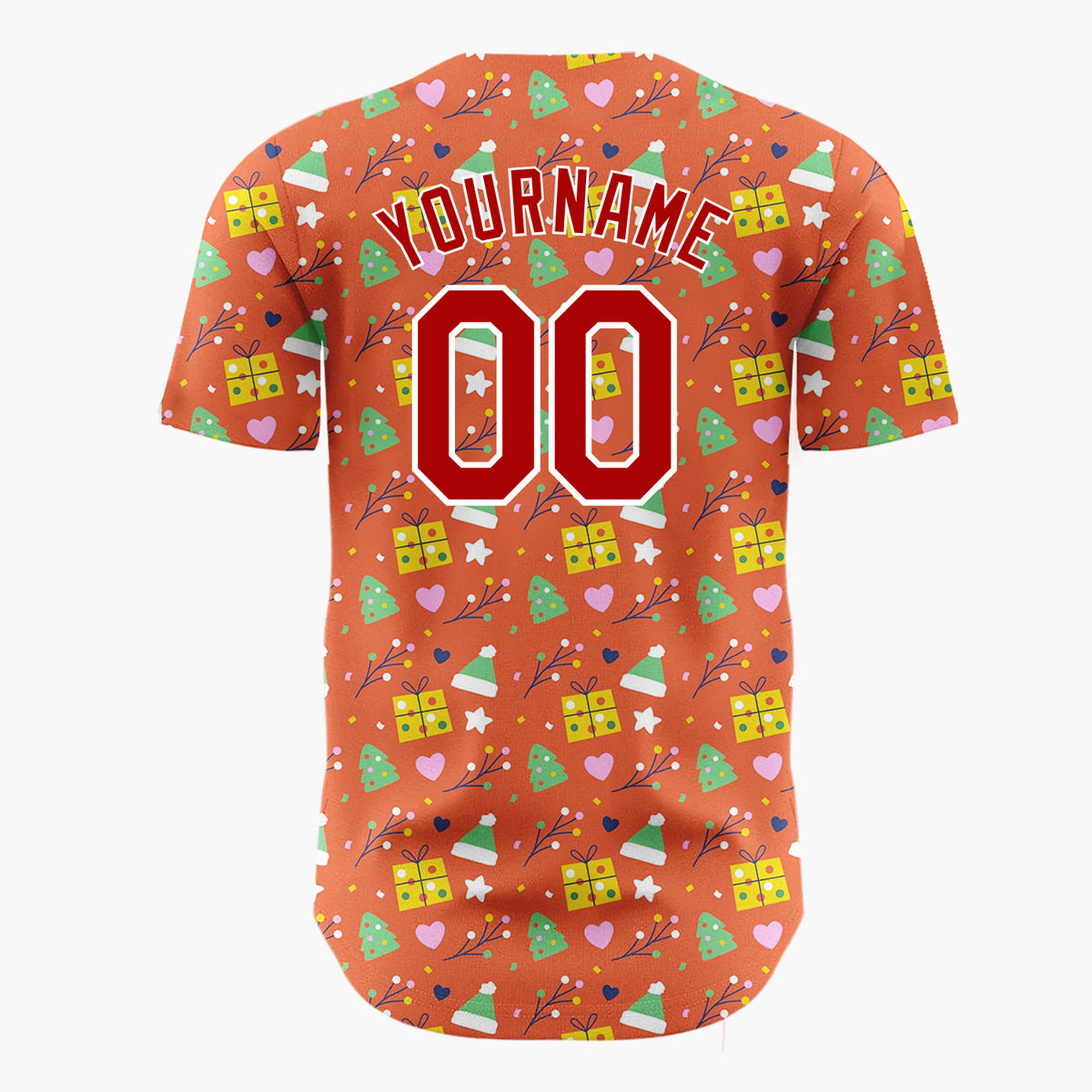 Custom Red Green Yellow Gifts Trees And Hearts Playful Abstract Pattern Christmas Baseball Jersey