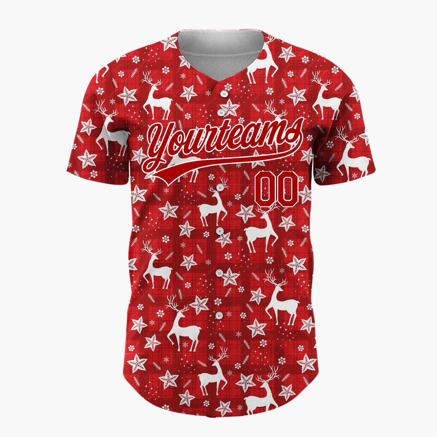 Custom Red Reindeer Snowflakes Nordic Pattern Christmas Baseball Jersey