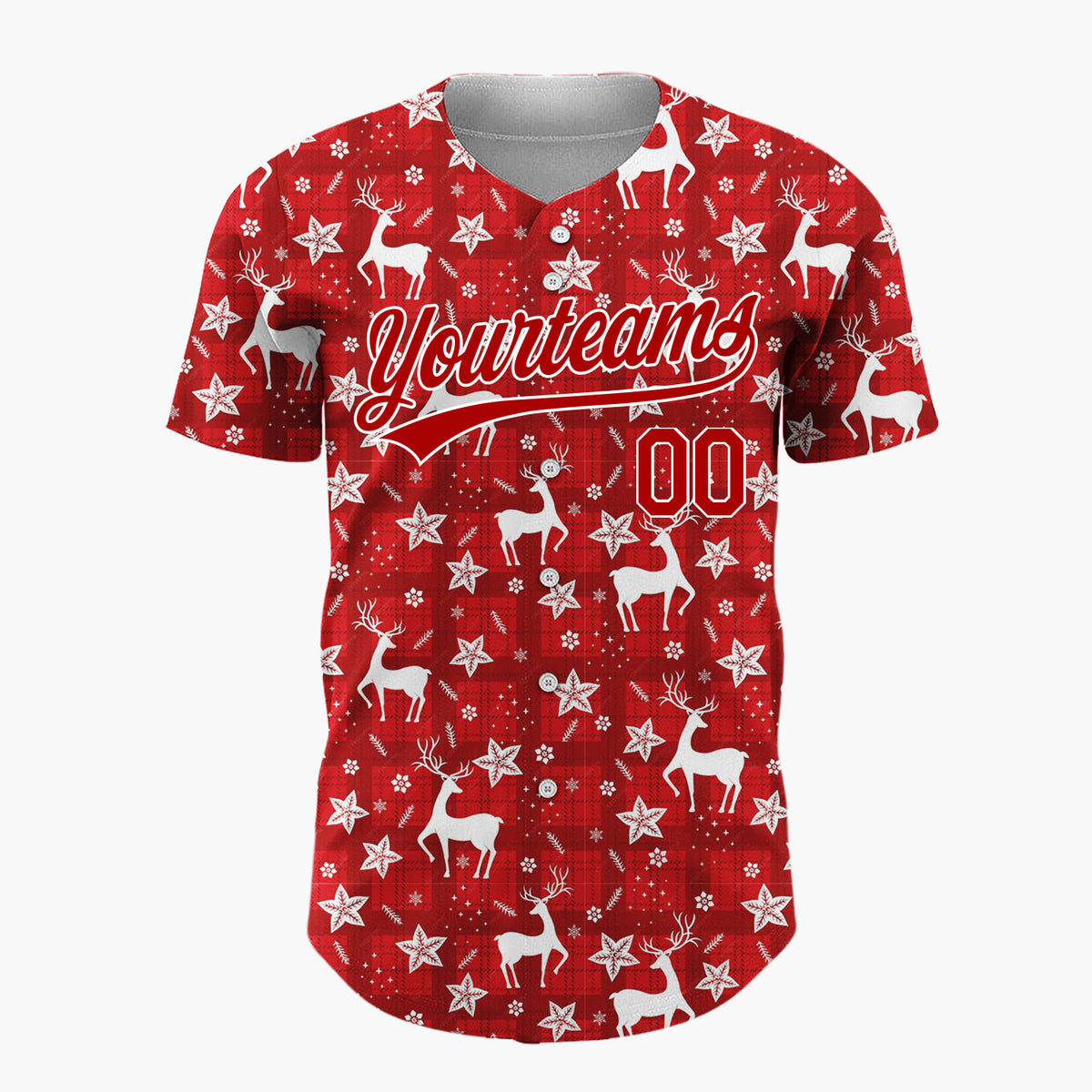 Custom Red Reindeer Snowflakes Nordic Pattern Christmas Baseball Jersey