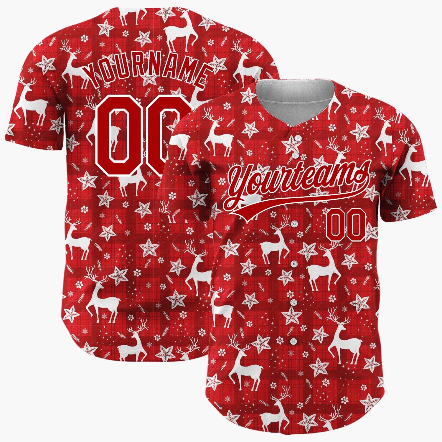 Custom Red Reindeer Snowflakes Nordic Pattern Christmas Baseball Jersey