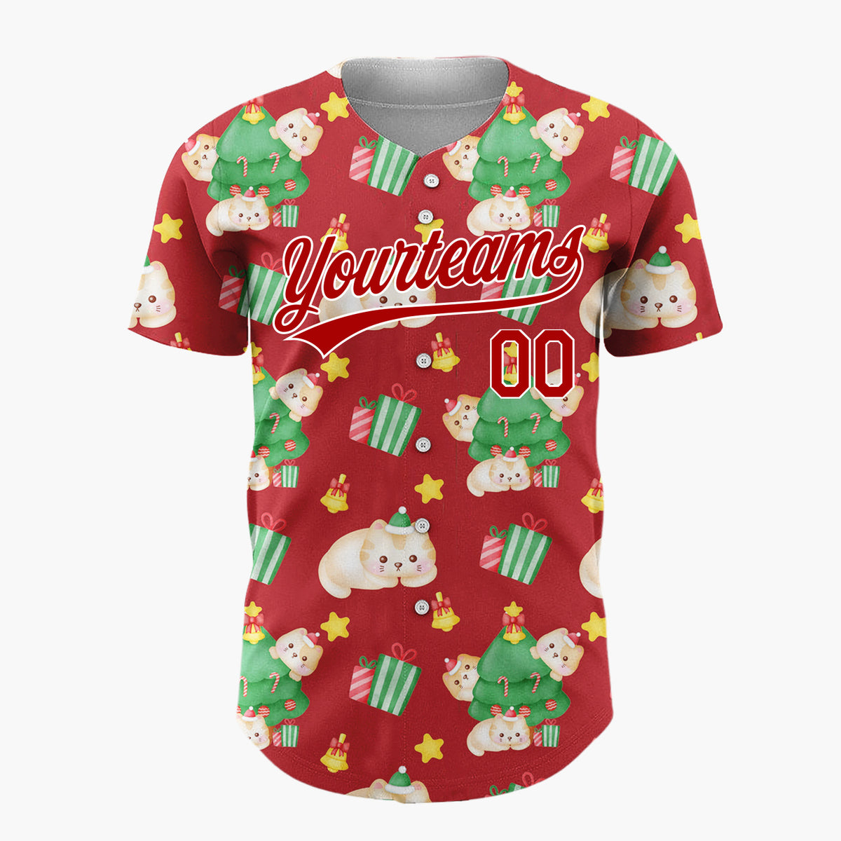 Custom Red Cute Cat Christmas Tree Kawaii Pattern Christmas Baseball Jersey