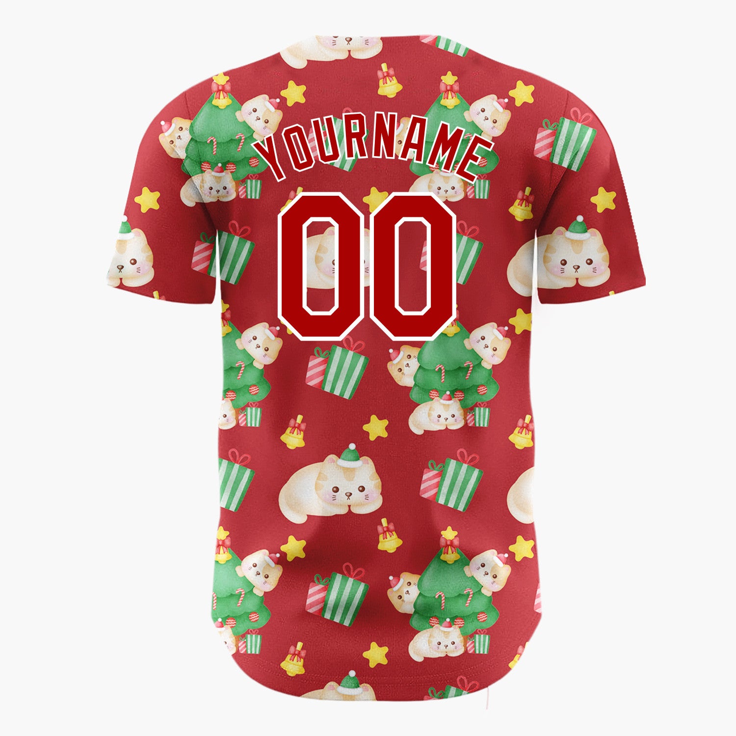 Custom Red Cute Cat Christmas Tree Kawaii Pattern Christmas Baseball Jersey