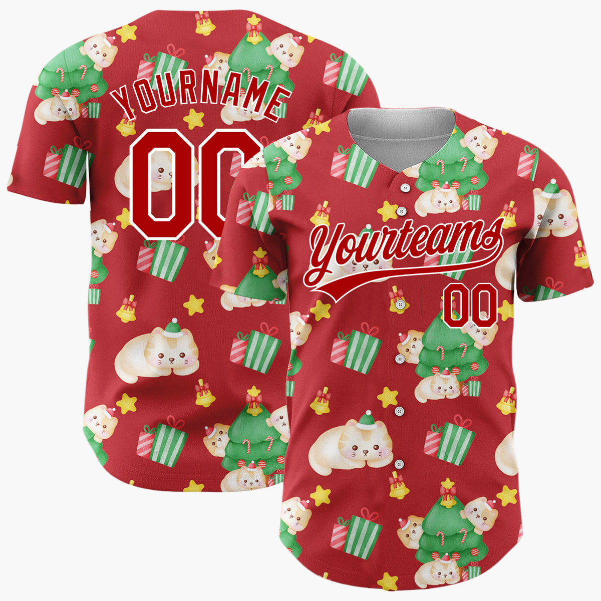 Custom Red Cute Cat Christmas Tree Kawaii Pattern Christmas Baseball Jersey