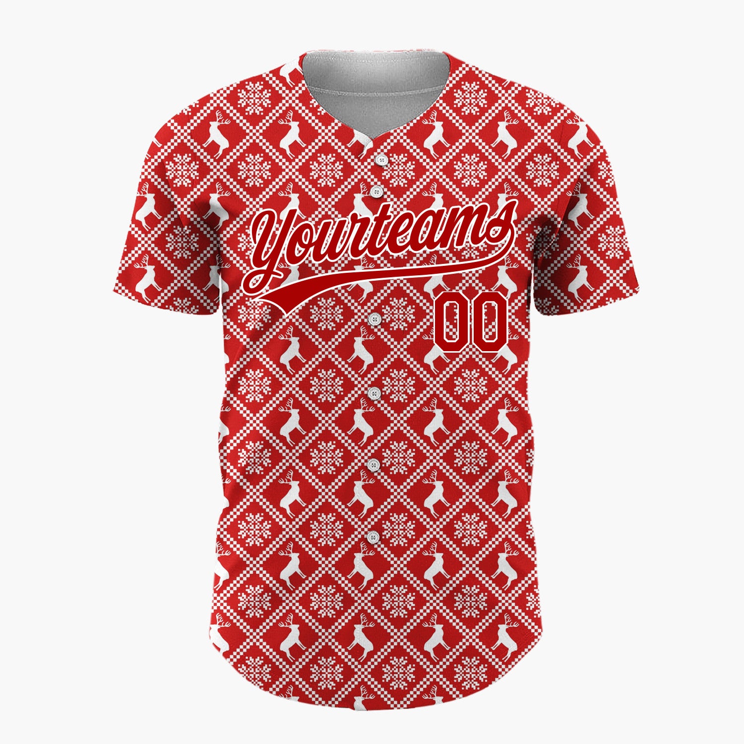 Custom Red Reindeer Geometric Square Nordic Fair Isle Pattern Christmas Baseball Jersey