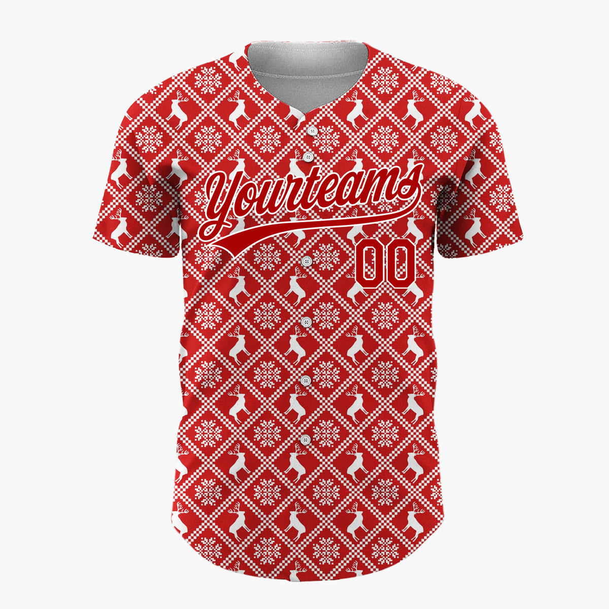 Custom Red Reindeer Geometric Square Nordic Fair Isle Pattern Christmas Baseball Jersey