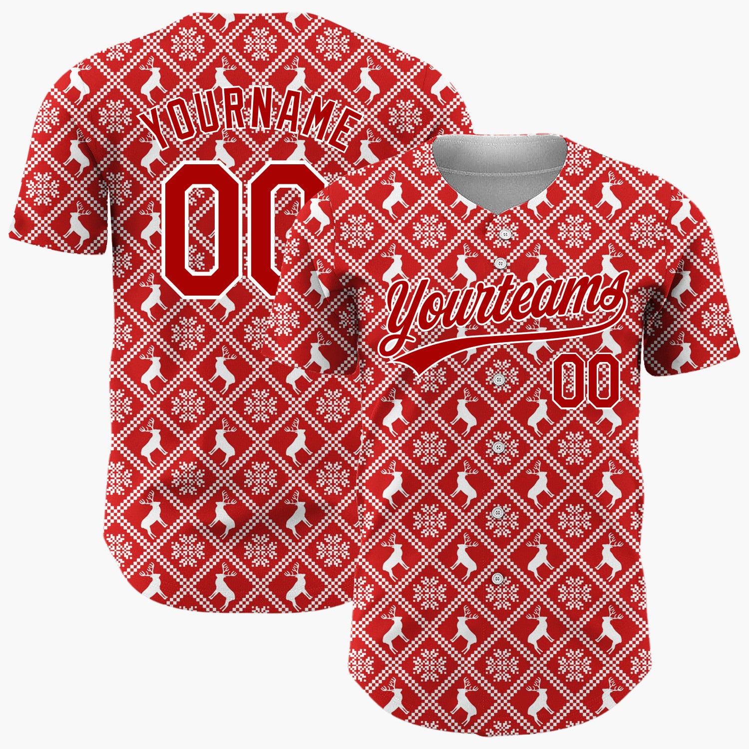 Custom Red Reindeer Geometric Square Nordic Fair Isle Pattern Christmas Baseball Jersey