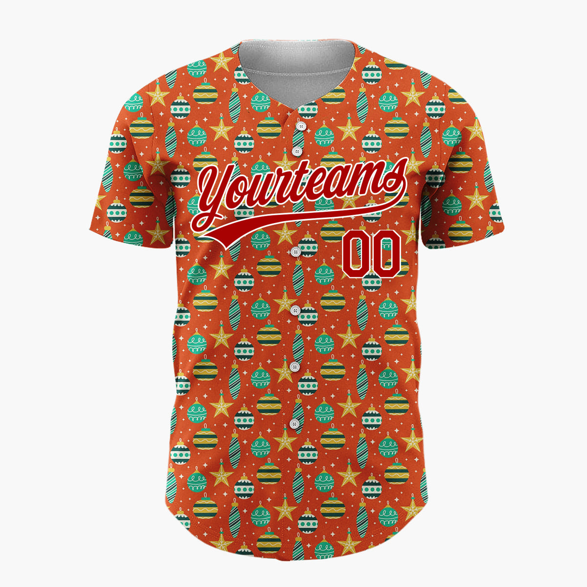 Custom Red Green Gold Stars And Baubles Festive Christmas Baseball Jersey