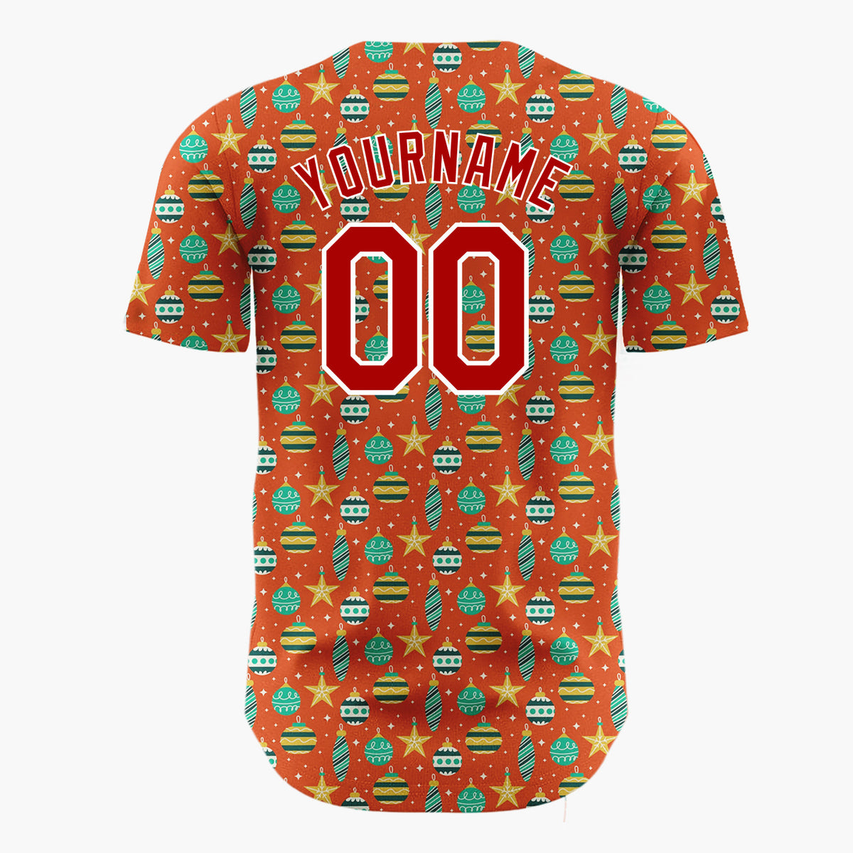 Custom Red Green Gold Stars And Baubles Festive Christmas Baseball Jersey