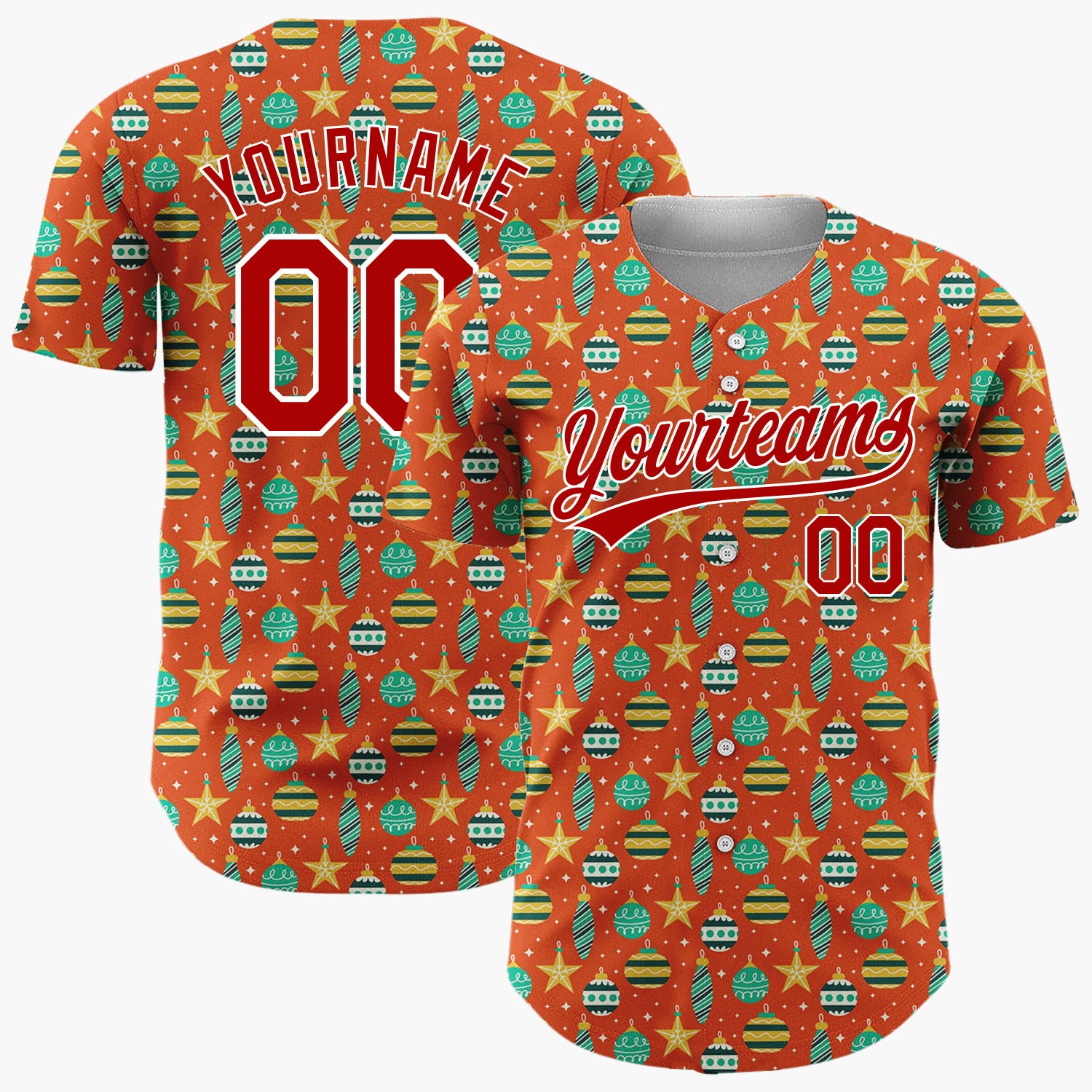 Custom Red Green Gold Stars And Baubles Festive Christmas Baseball Jersey