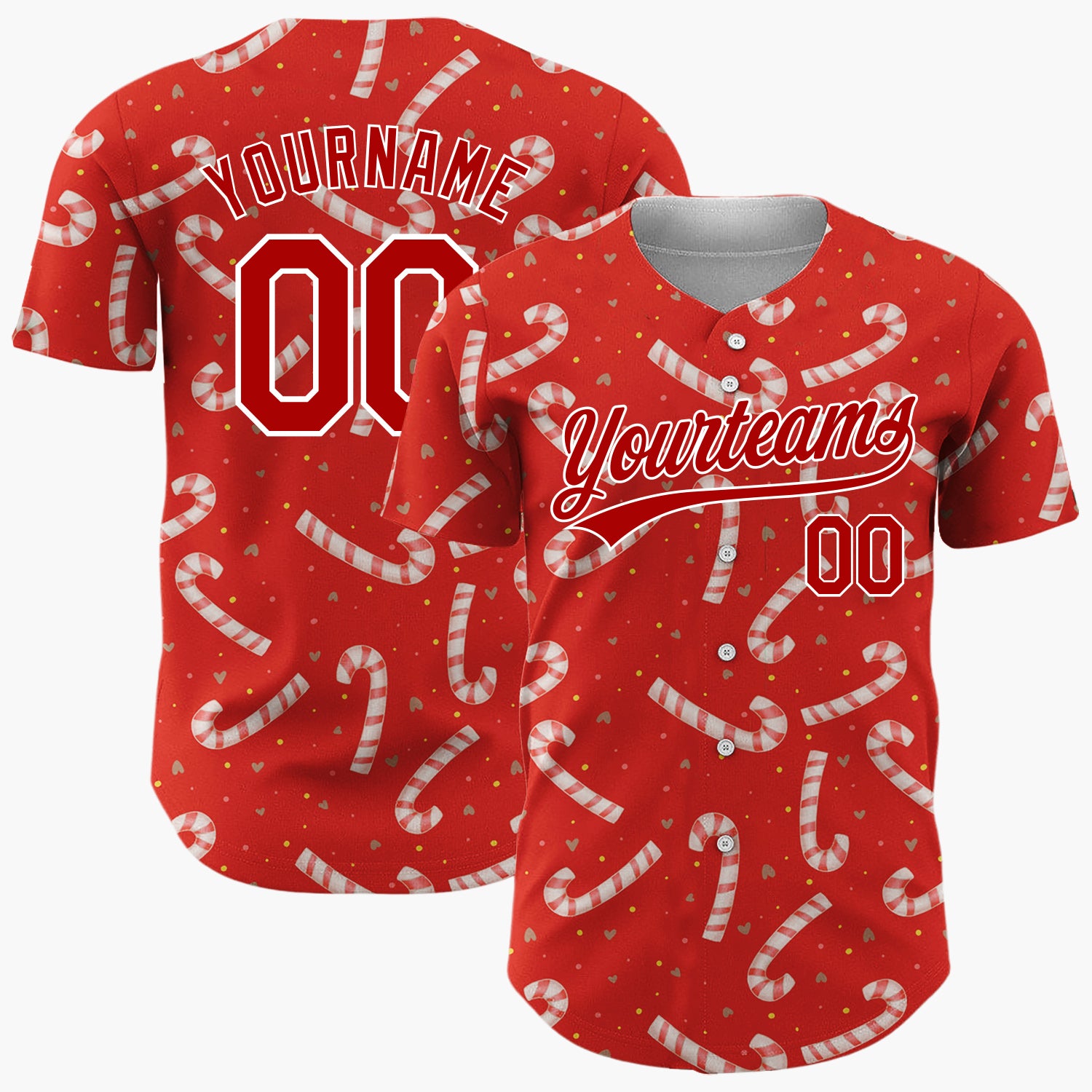 Custom Red White Candy Canes And Hearts Simple Holiday Pattern Christmas Baseball Jersey