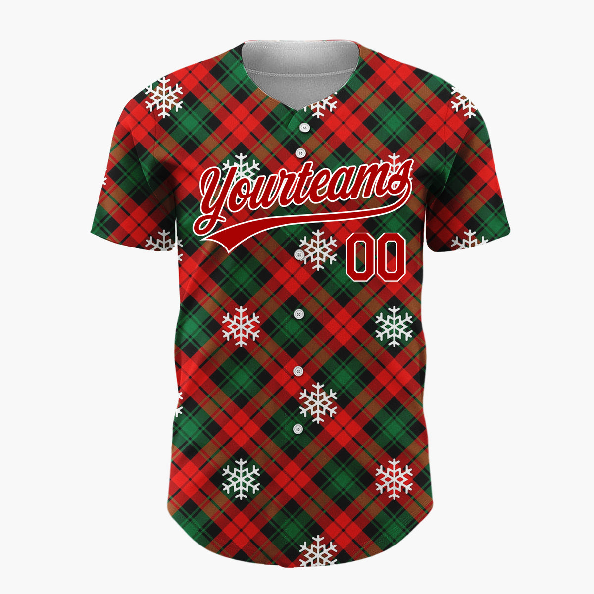 Custom Red Green Plaid Snowflakes Traditional Tartan Christmas Baseball Jersey