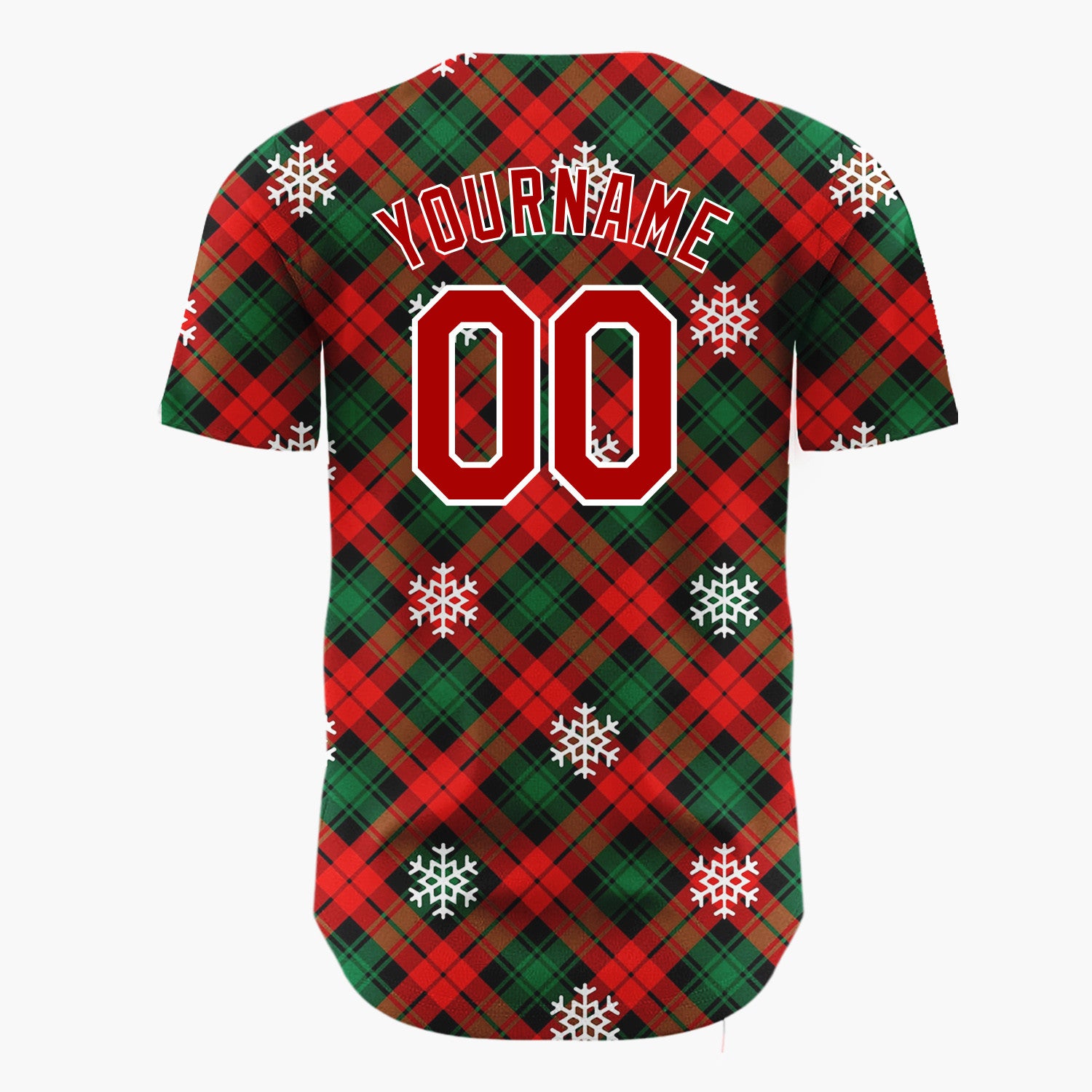 Custom Red Green Plaid Snowflakes Traditional Tartan Christmas Baseball Jersey