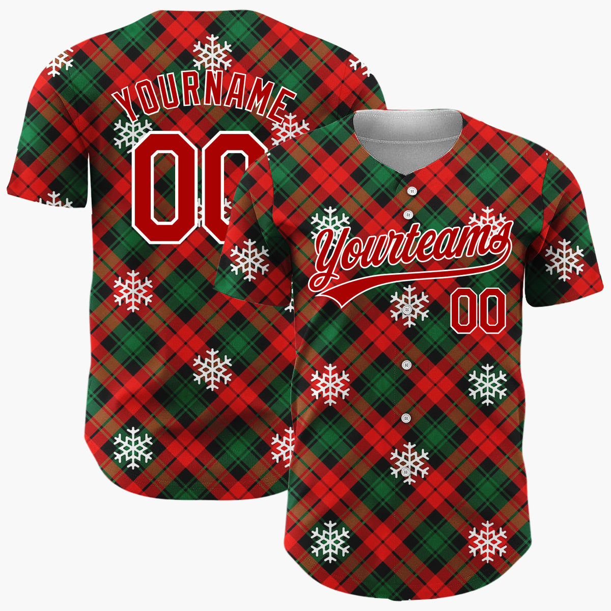 Custom Red Green Plaid Snowflakes Traditional Tartan Christmas Baseball Jersey