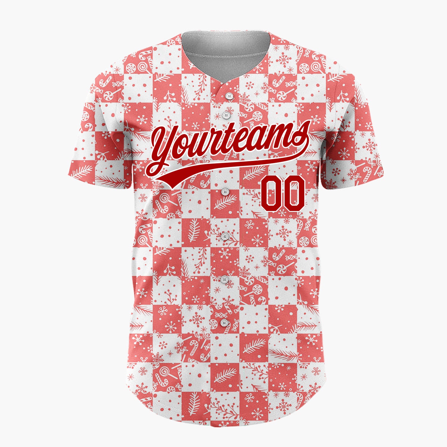 Custom Red White Snowflake And Candy Cane Checkerboard Pattern Christmas Baseball Jersey