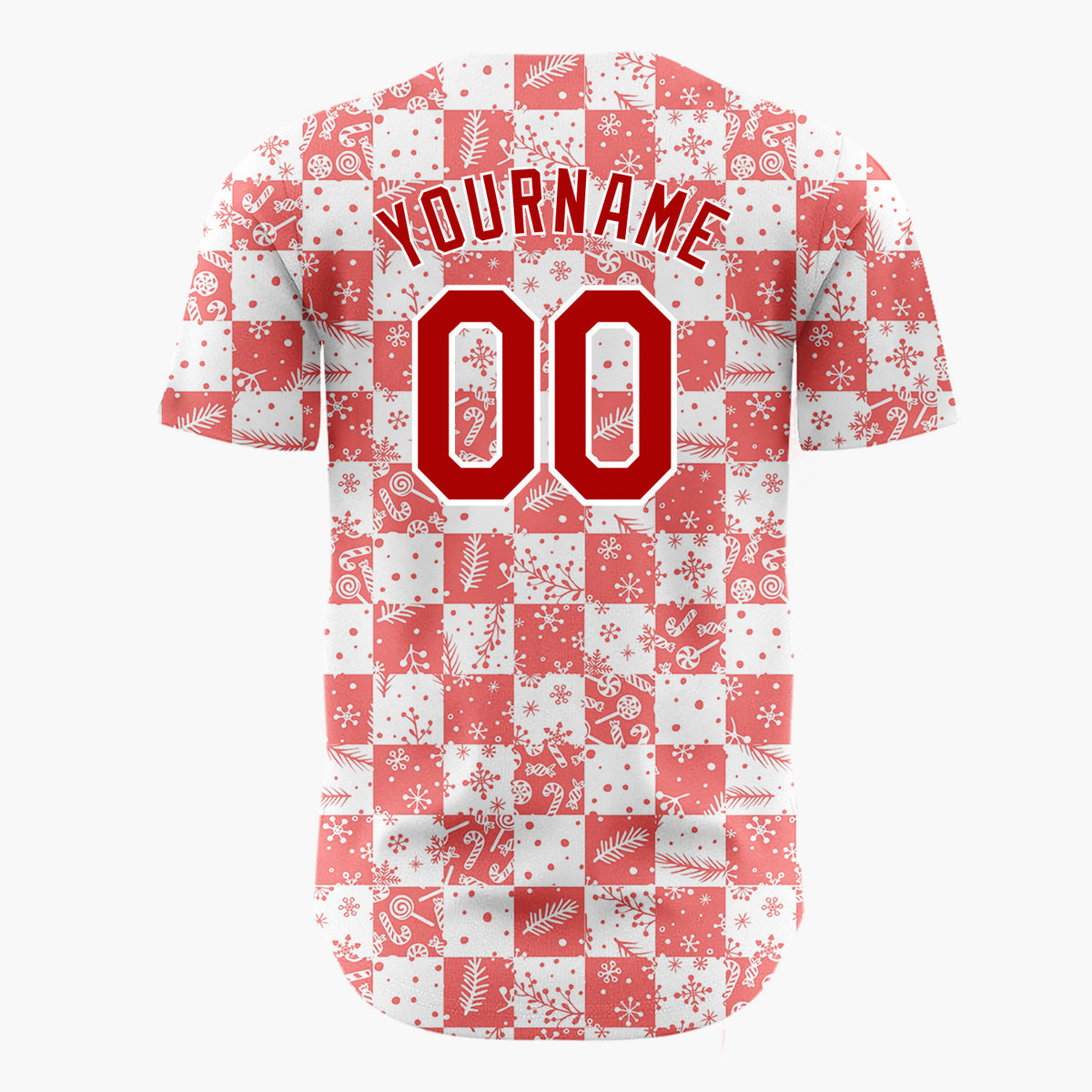 Custom Red White Snowflake And Candy Cane Checkerboard Pattern Christmas Baseball Jersey