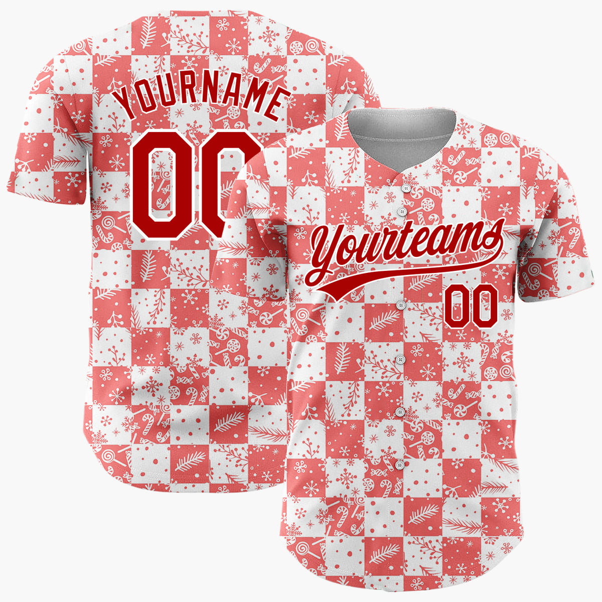Custom Red White Snowflake And Candy Cane Checkerboard Pattern Christmas Baseball Jersey