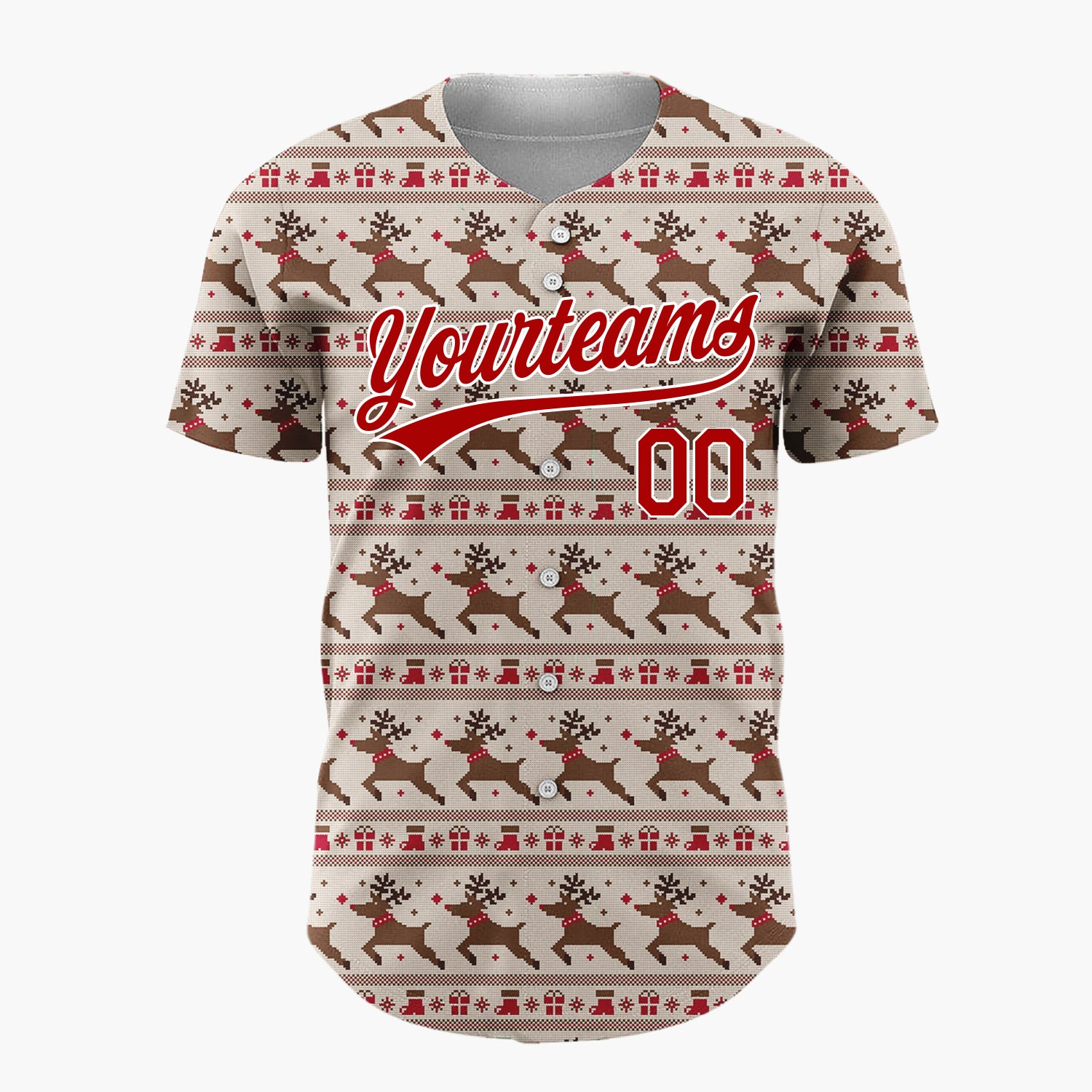 Custom Red Green And Yellow Reindeer Trees And Hearts Pixel Knit Christmas Baseball Jersey