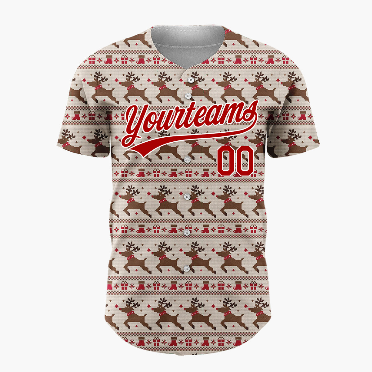 Custom Red Green And Yellow Reindeer Trees And Hearts Pixel Knit Christmas Baseball Jersey