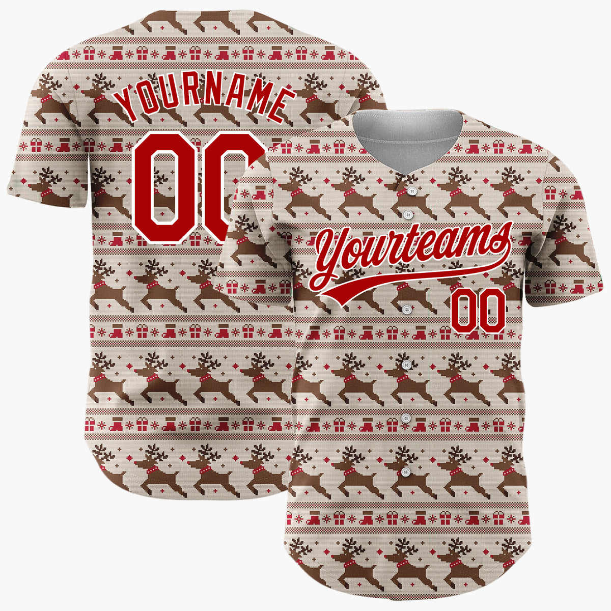 Custom Red Green And Yellow Reindeer Trees And Hearts Pixel Knit Christmas Baseball Jersey