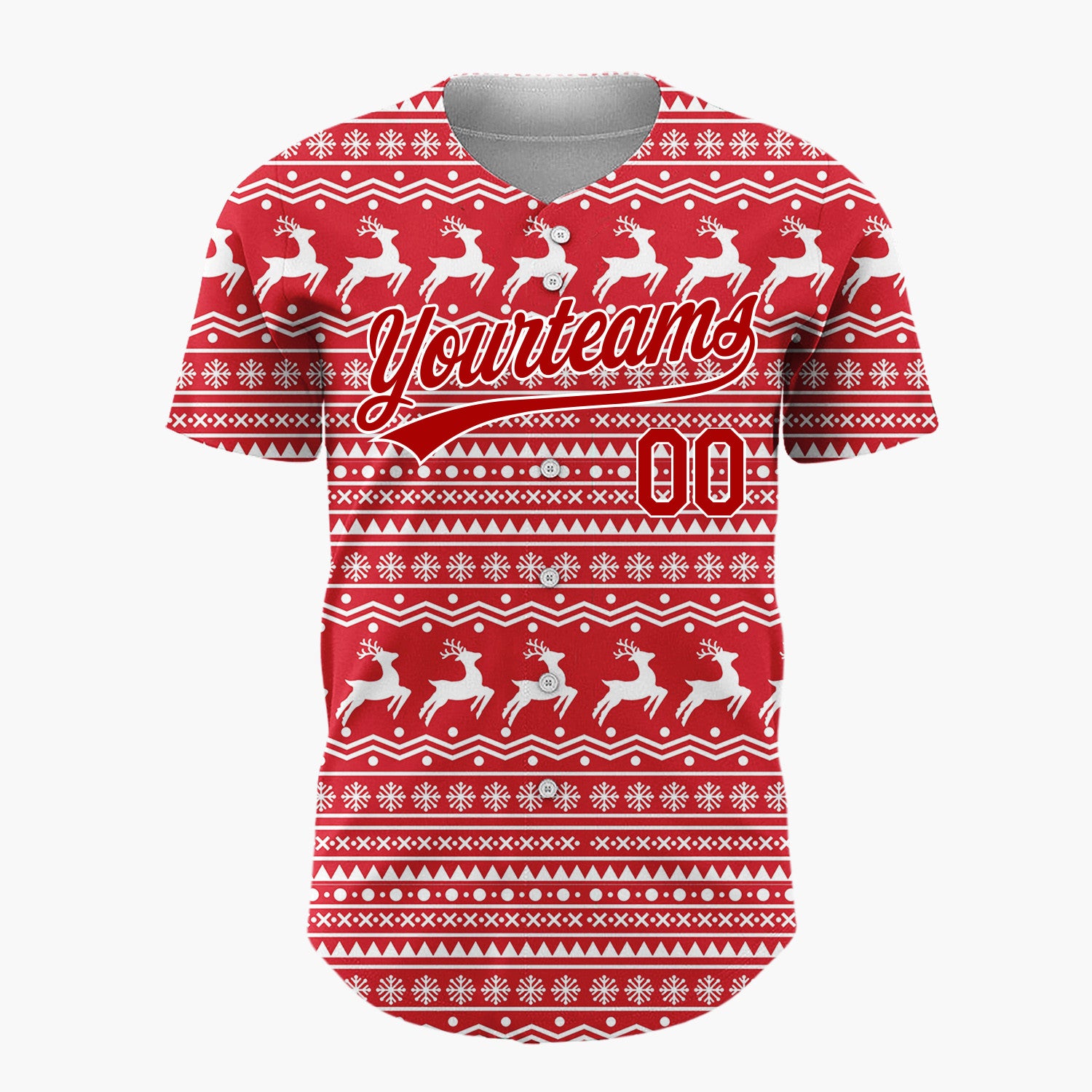 Custom Red White Reindeer And Snowflake Nordic Fair Isle Pattern Christmas Baseball Jersey