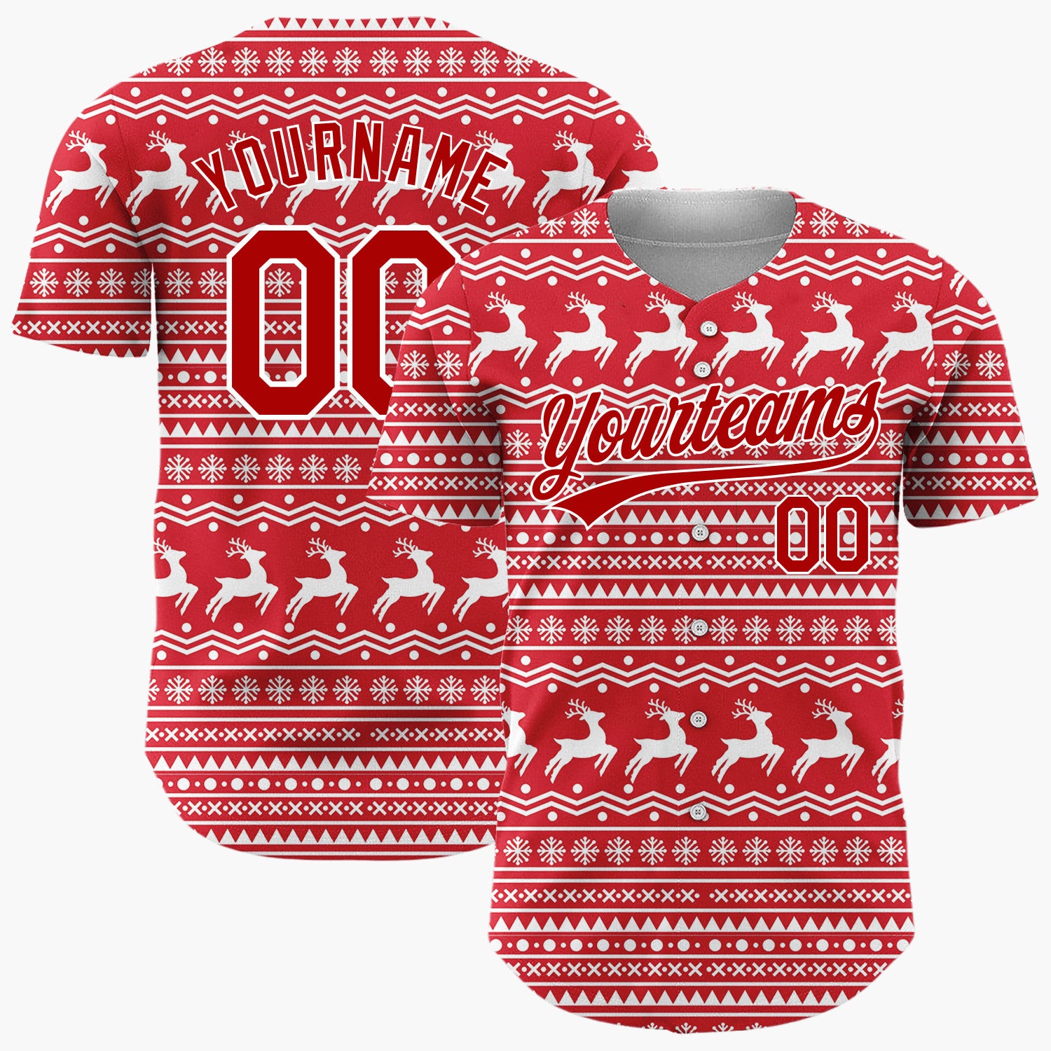 Custom Red White Reindeer And Snowflake Nordic Fair Isle Pattern Christmas Baseball Jersey