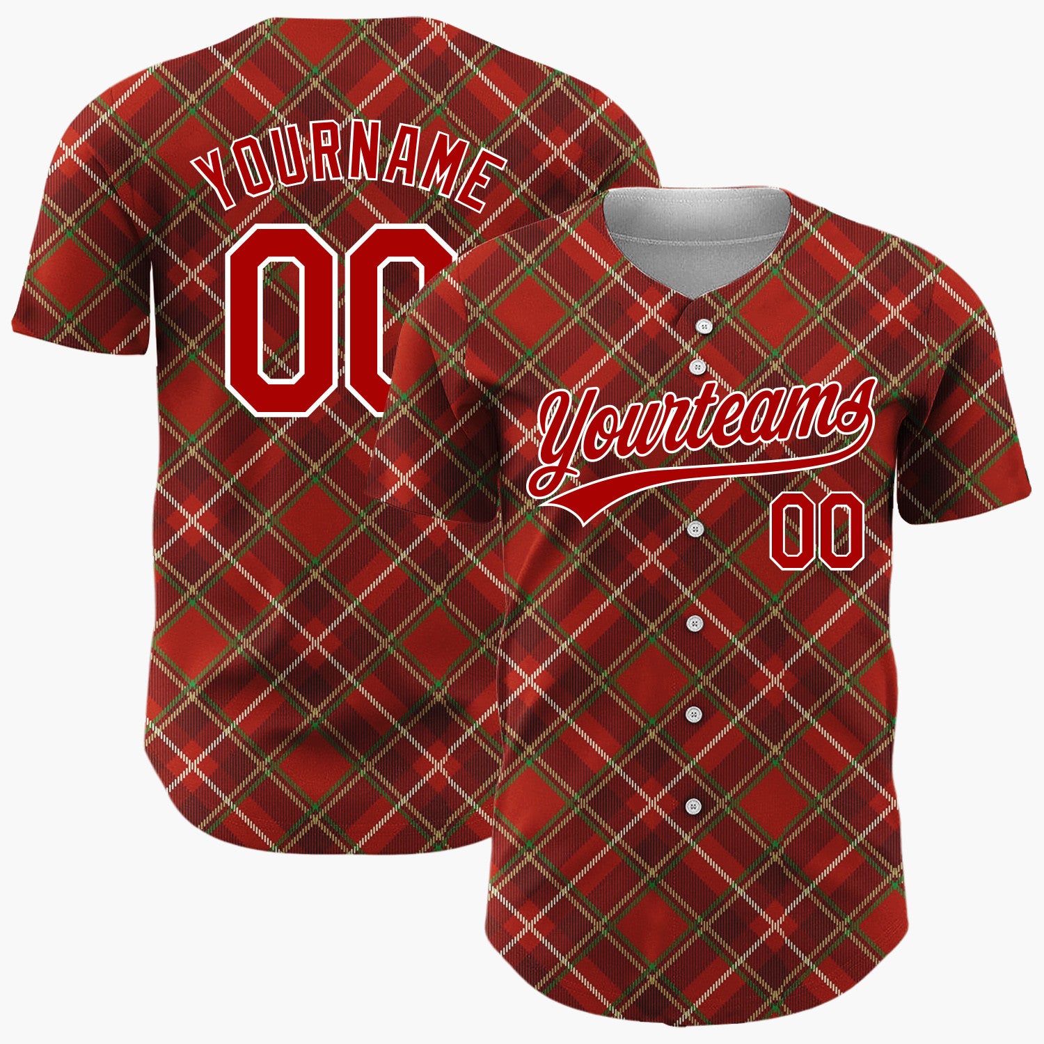 Custom Red Green Beige Tartan Plaid Classic Holiday Pattern Christmas Baseball Jersey