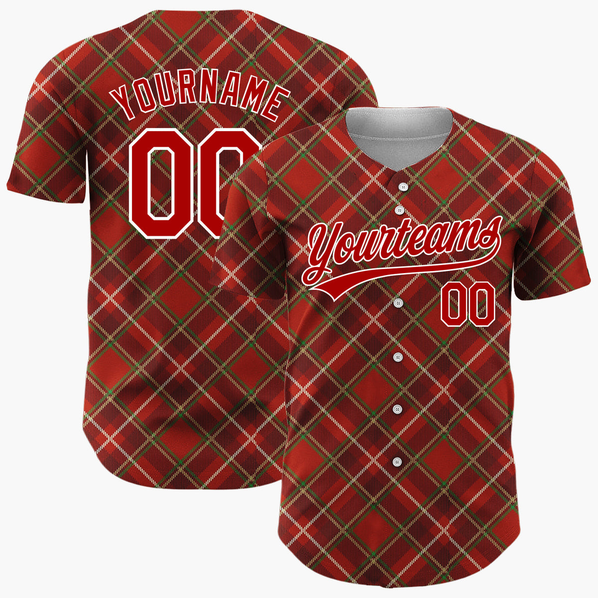 Custom Red Green Beige Tartan Plaid Classic Holiday Pattern Christmas Baseball Jersey