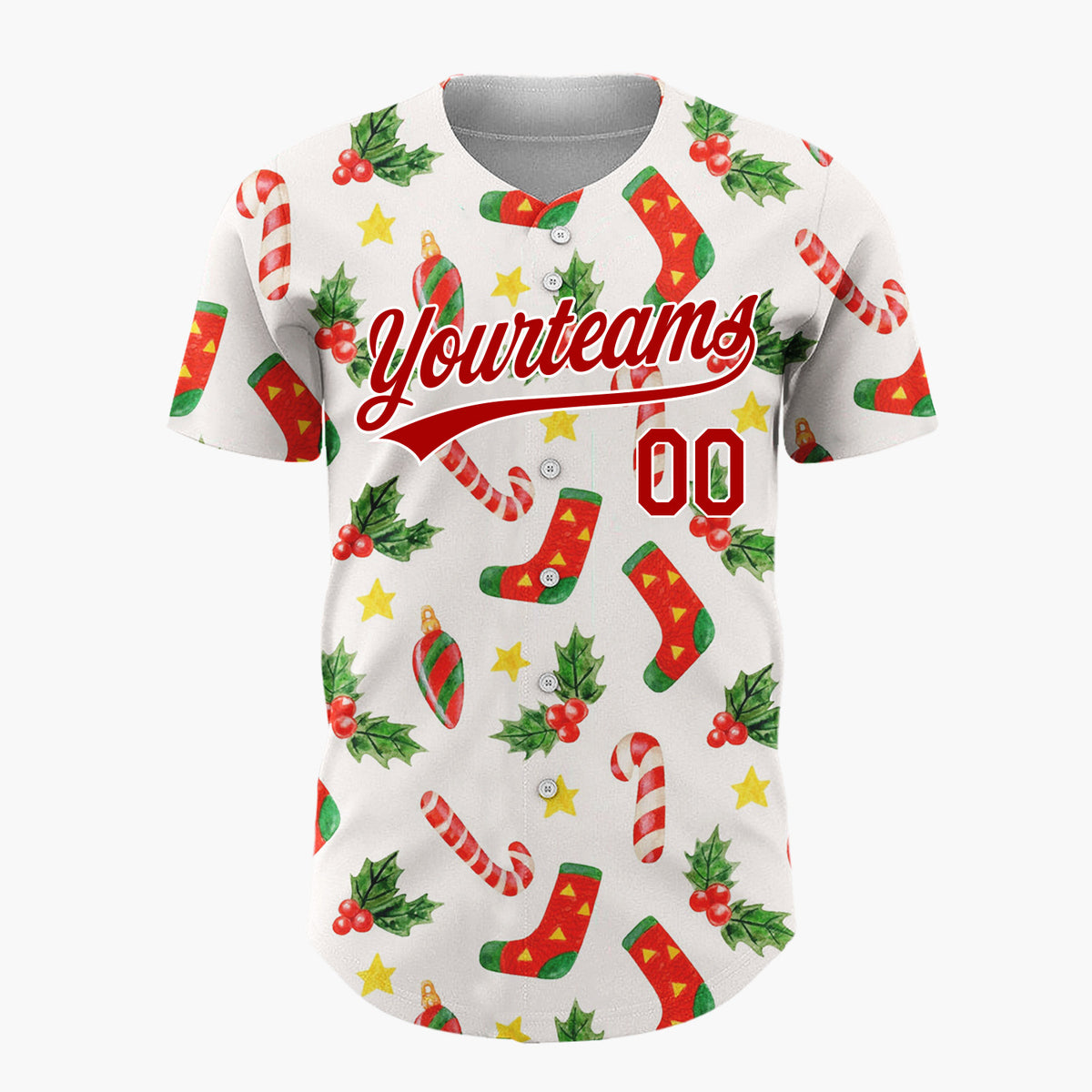 Custom Red Green Yellow Stockings Candy Canes And Holly Leaves Christmas Baseball Jersey