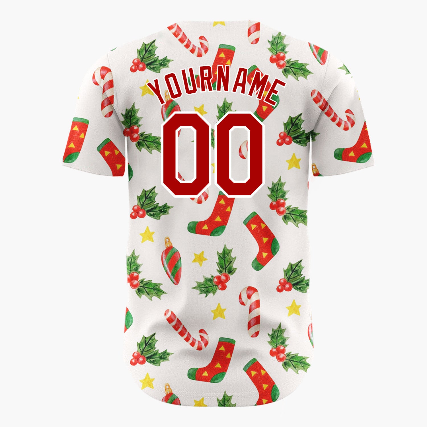 Custom Red Green Yellow Stockings Candy Canes And Holly Leaves Christmas Baseball Jersey