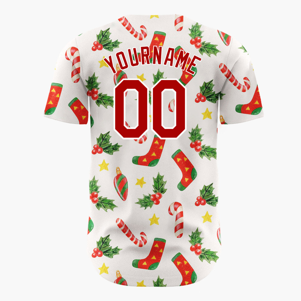Custom Red Green Yellow Stockings Candy Canes And Holly Leaves Christmas Baseball Jersey