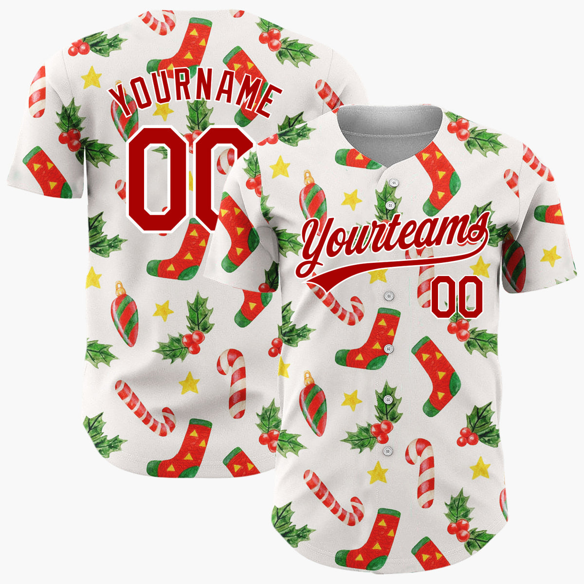 Custom Red Green Yellow Stockings Candy Canes And Holly Leaves Christmas Baseball Jersey