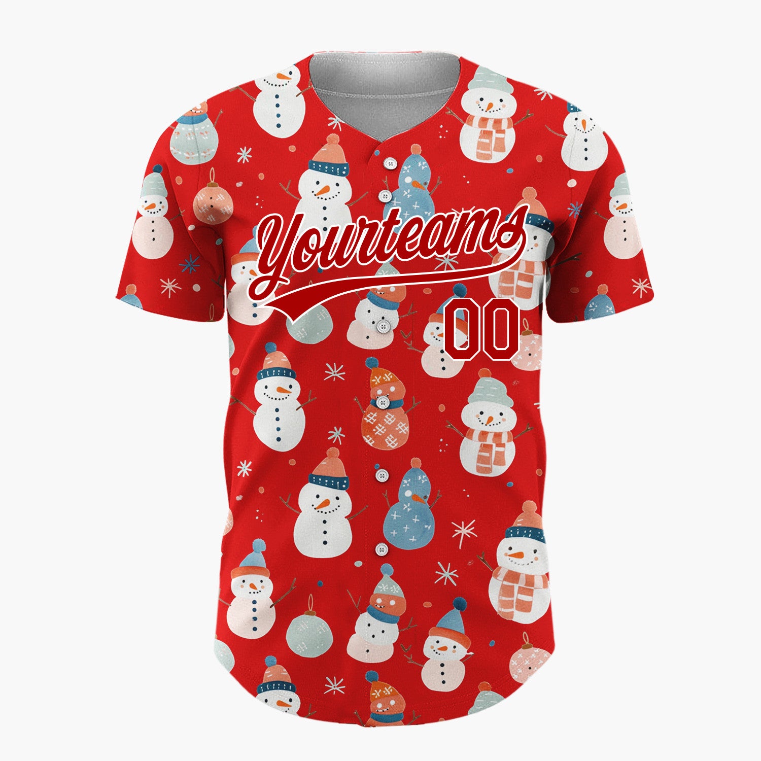 Custom Red Pastel Snowmen And Ornaments Cute Festive Pattern Christmas Baseball Jersey