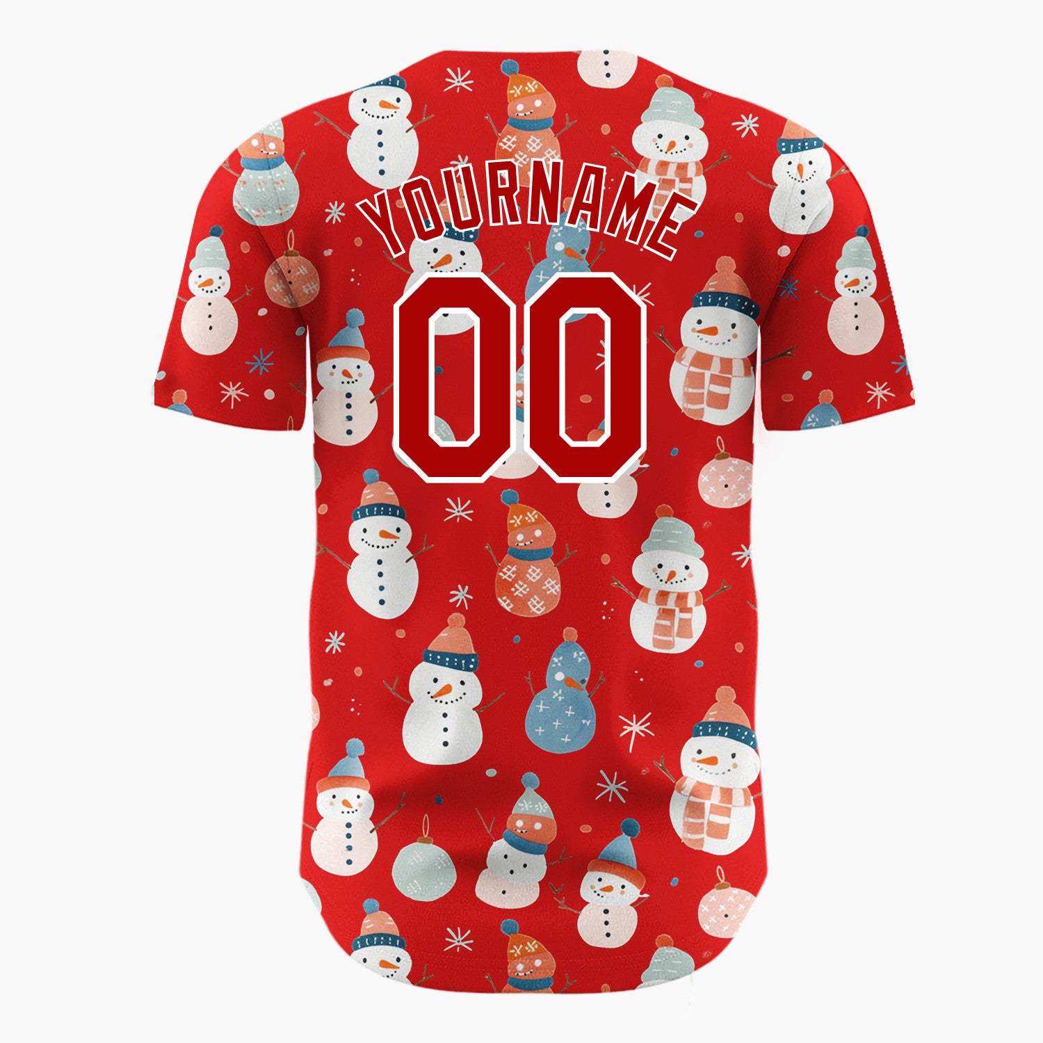 Custom Red Pastel Snowmen And Ornaments Cute Festive Pattern Christmas Baseball Jersey
