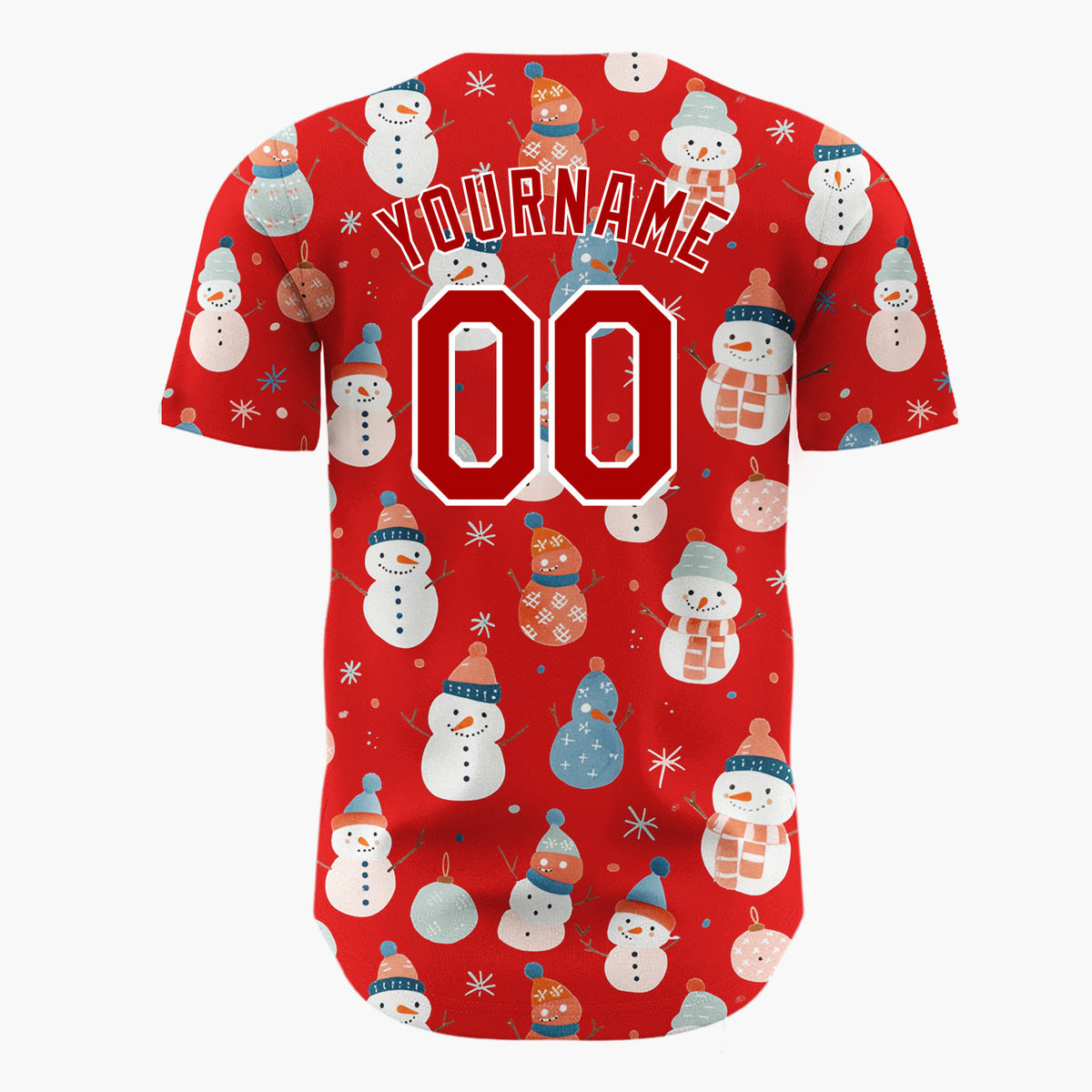 Custom Red Pastel Snowmen And Ornaments Cute Festive Pattern Christmas Baseball Jersey