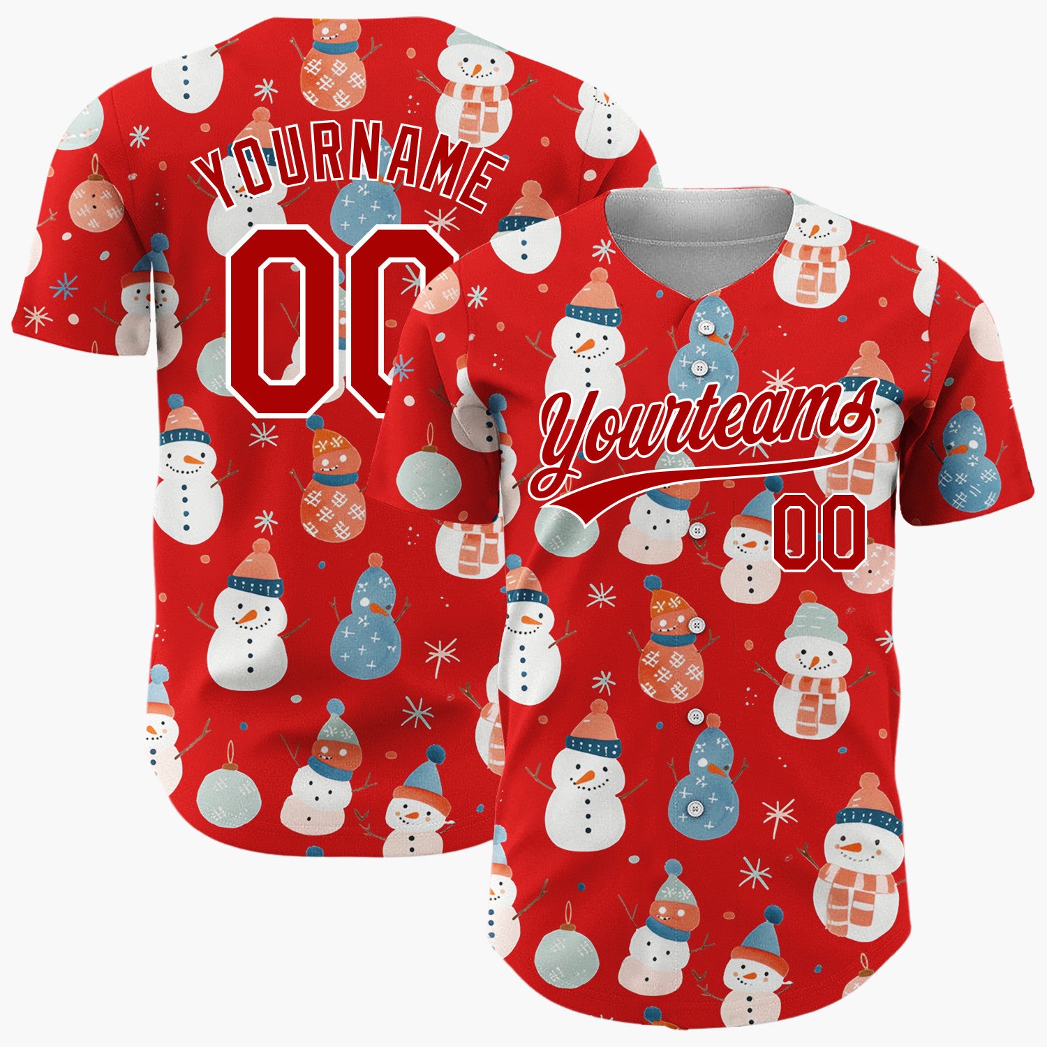 Custom Red Pastel Snowmen And Ornaments Cute Festive Pattern Christmas Baseball Jersey