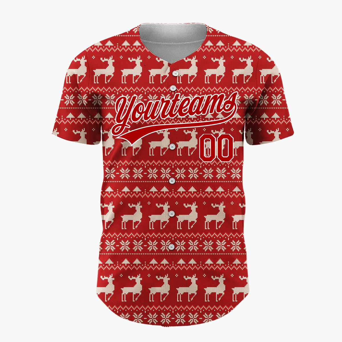Custom Red White Reindeer Snowflakes Nordic Fair Isle Christmas Baseball Jersey