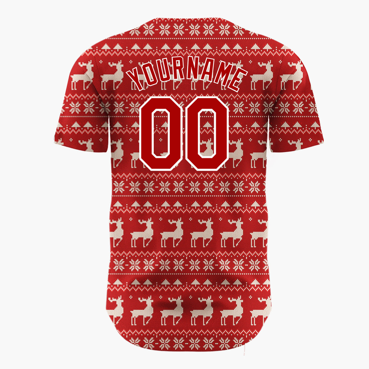 Custom Red White Reindeer Snowflakes Nordic Fair Isle Christmas Baseball Jersey