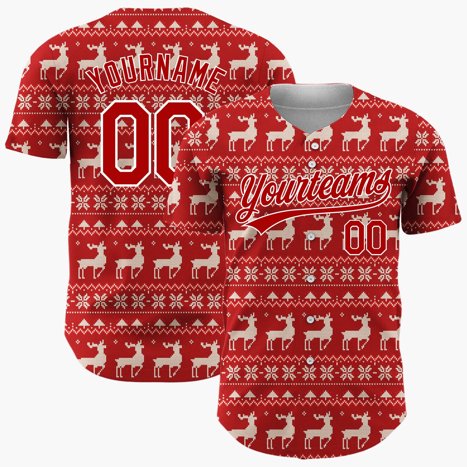 Custom Red White Reindeer Snowflakes Nordic Fair Isle Christmas Baseball Jersey