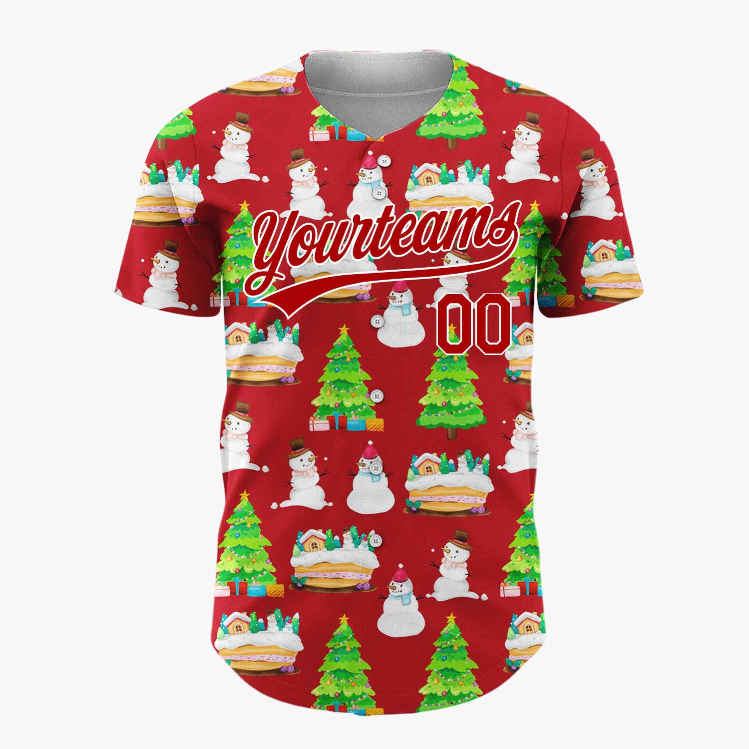 Custom Red Snowman And Cake Whimsical Illustration Pattern Christmas Baseball Jersey