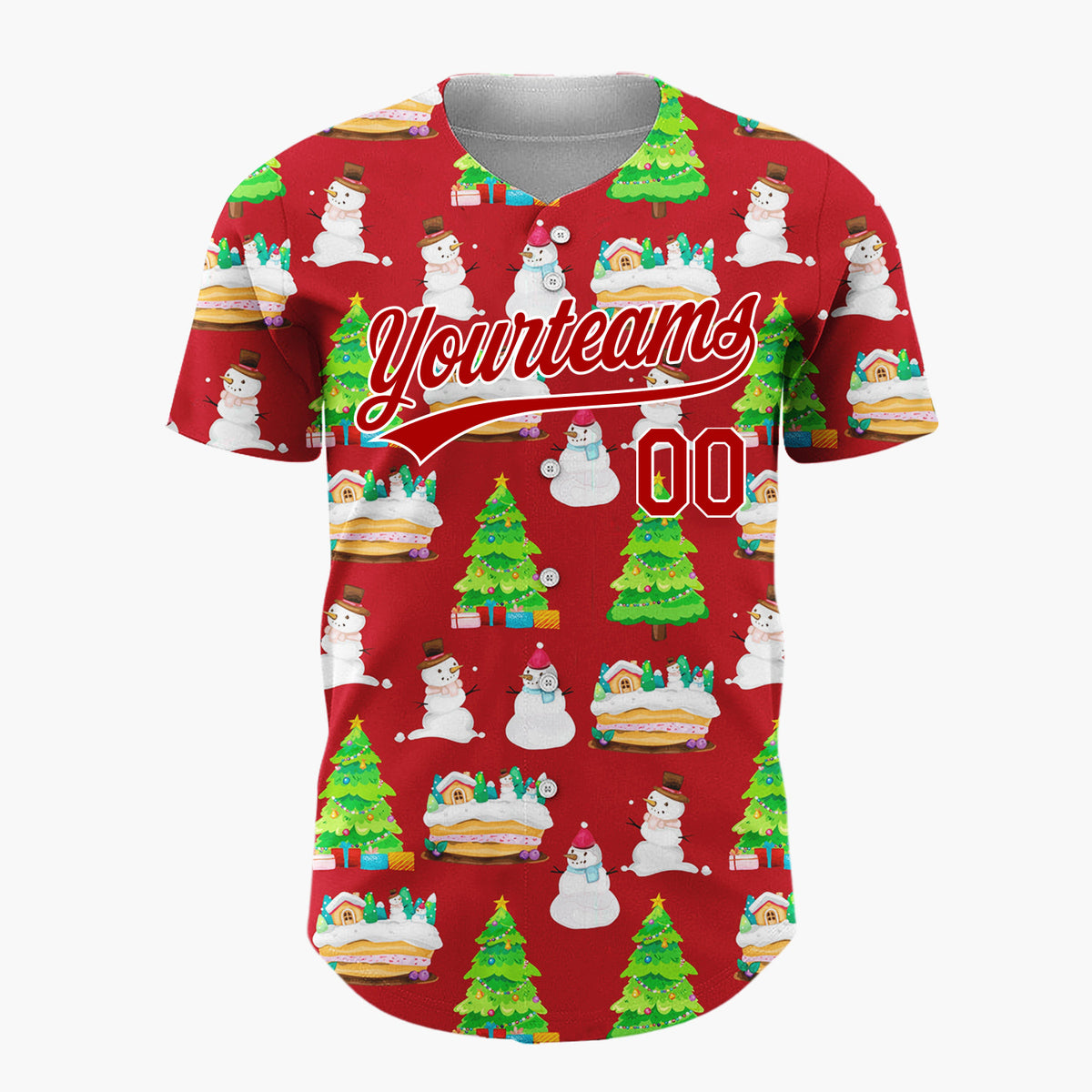 Custom Red Snowman And Cake Whimsical Illustration Pattern Christmas Baseball Jersey