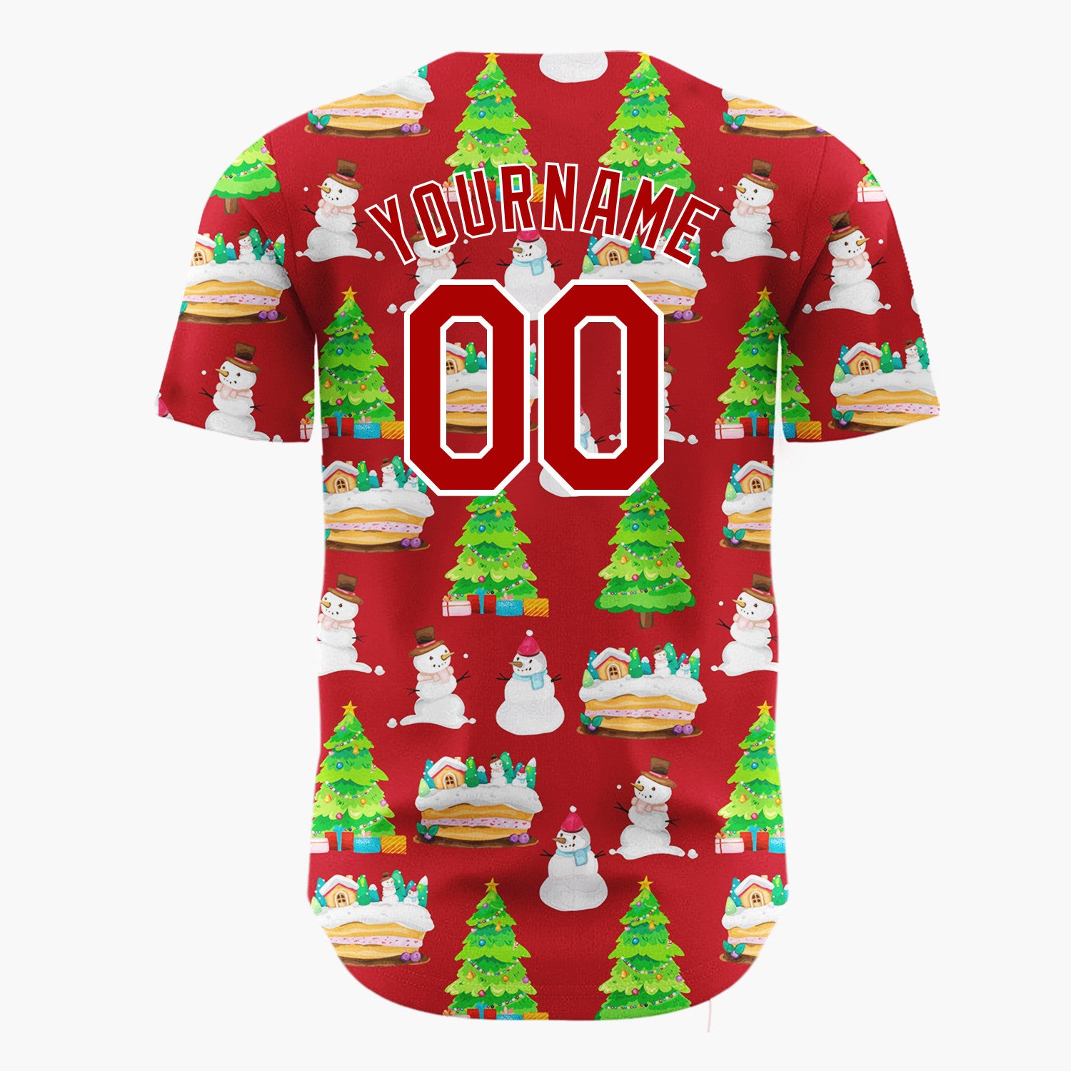 Custom Red Snowman And Cake Whimsical Illustration Pattern Christmas Baseball Jersey