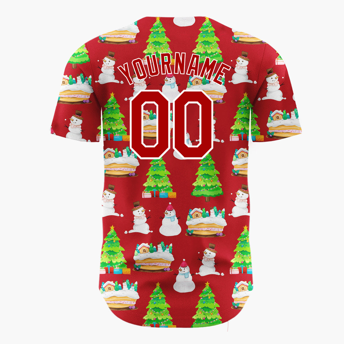 Custom Red Snowman And Cake Whimsical Illustration Pattern Christmas Baseball Jersey