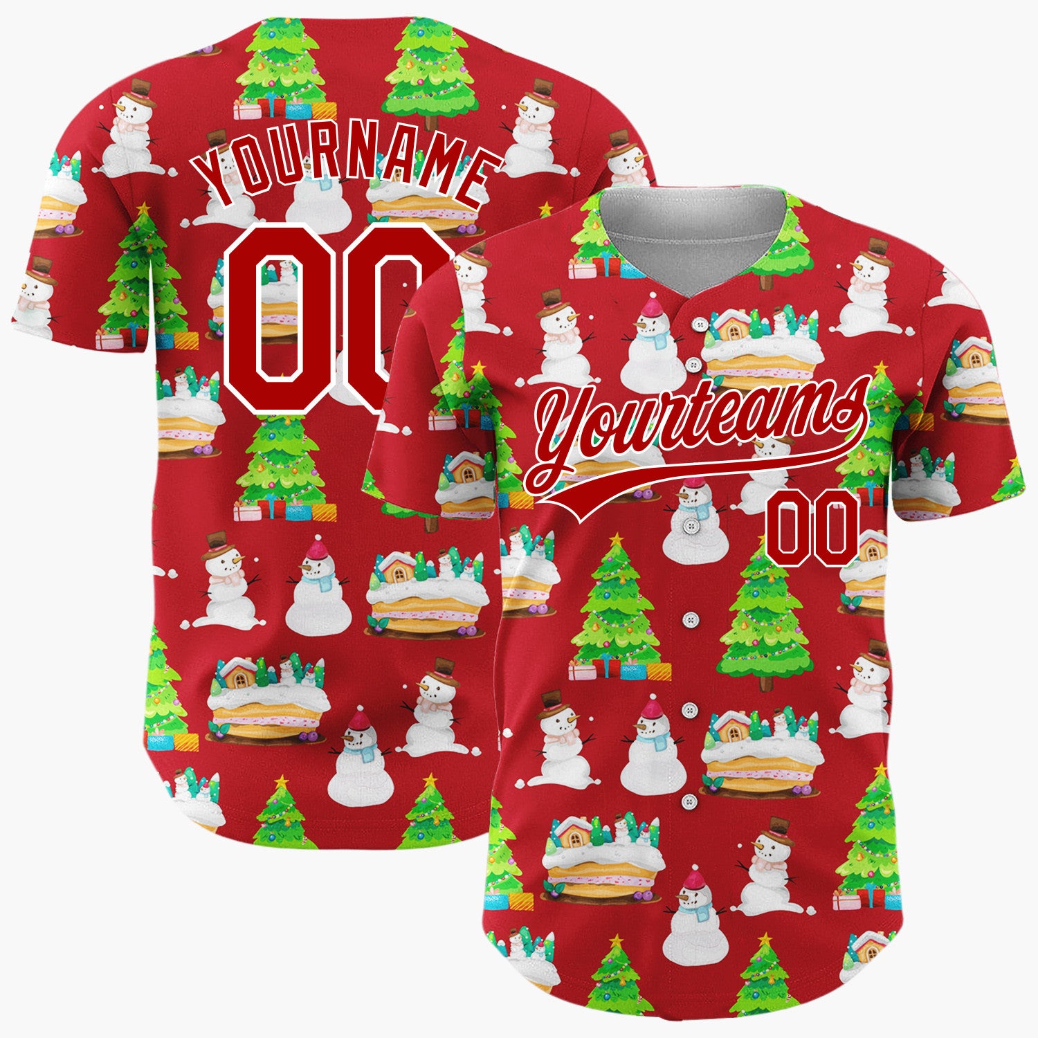 Custom Red Snowman And Cake Whimsical Illustration Pattern Christmas Baseball Jersey