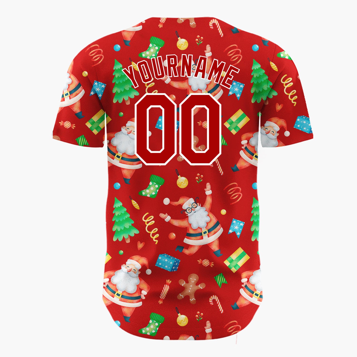 Custom Red Santa Gingerbread And Tree Watercolor Cartoon Pattern Christmas Baseball Jersey