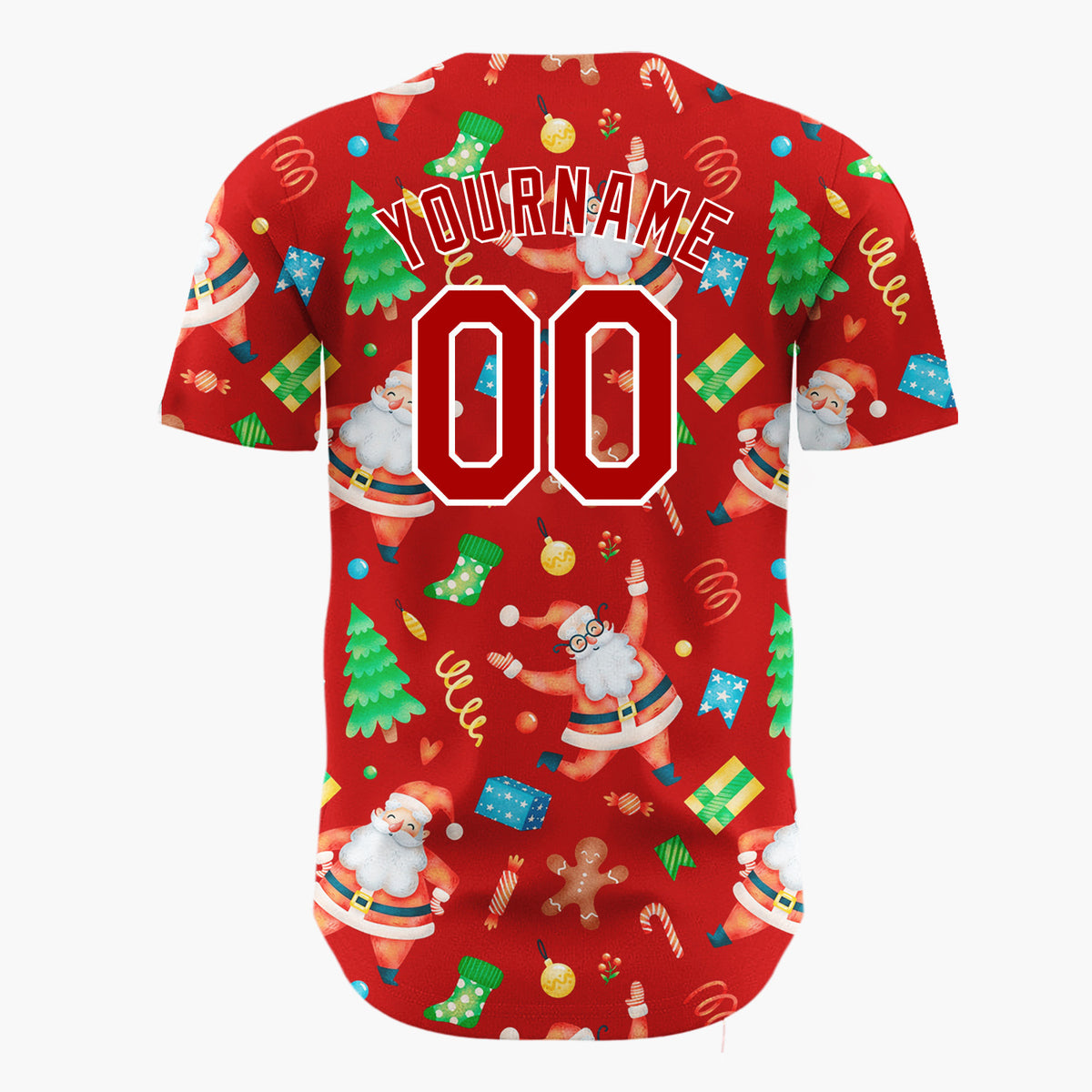 Custom Red Santa Gingerbread And Tree Watercolor Cartoon Pattern Christmas Baseball Jersey