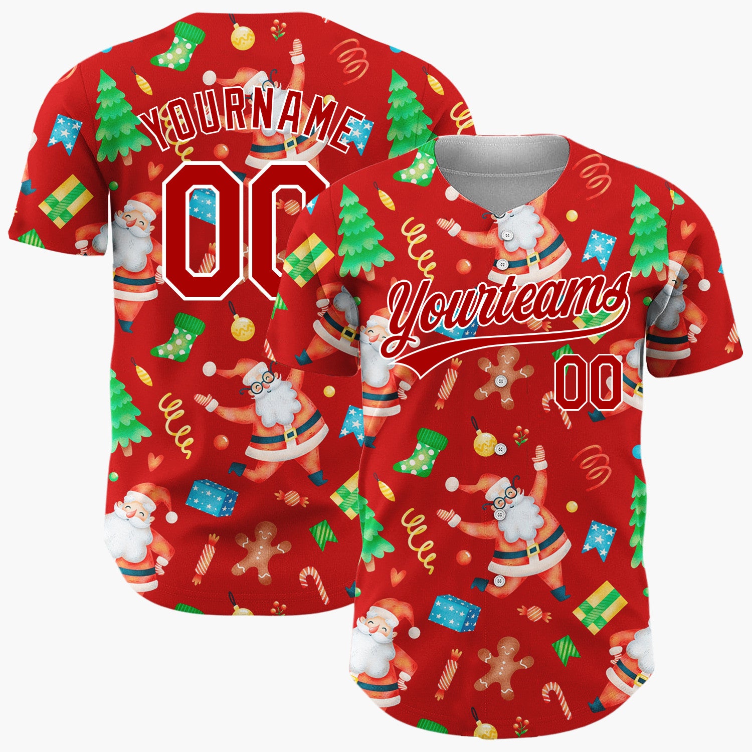 Custom Red Santa Gingerbread And Tree Watercolor Cartoon Pattern Christmas Baseball Jersey