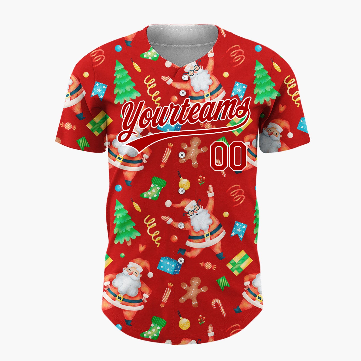 Custom Red Santa Gingerbread And Tree Watercolor Cartoon Pattern Christmas Baseball Jersey