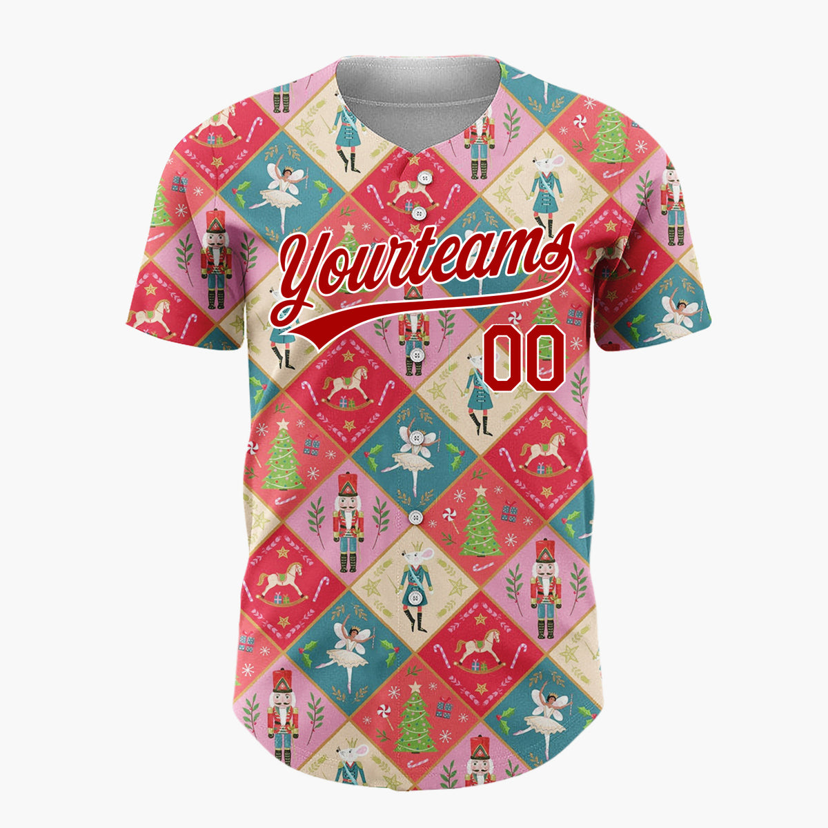Custom Red Green Nutcracker Ballet Fairies And Trees Elegant Christmas Baseball Jersey