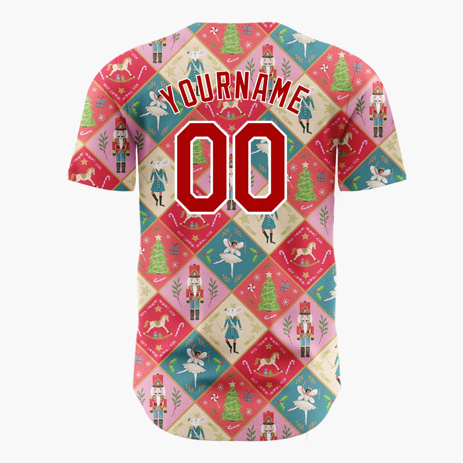 Custom Red Green Nutcracker Ballet Fairies And Trees Elegant Christmas Baseball Jersey